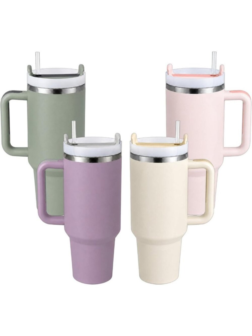 4 Pack 40 oz Insulated Tumblers with Handle & Straw - Pastel Colors Set